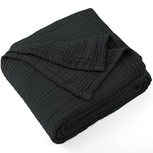Carriediosa 100% Cotton Muslin Throw Blanket 50" X 70" Throw XL Size，4-Layers Summer Gauze Throws for Bed Couch，Soft Lightweight Breathable Linen Blankets Bedspread for Adults All Season，Black - color: Black, size: Throw XL