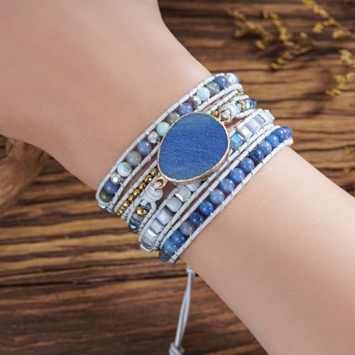 Women Boho Handmade Natural Stone Crystal Leather Bead Wrap Bracelets Collection - style: Blue Aventurine 5W