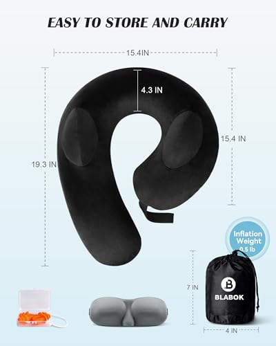 Patented Design Inflatable Travel Neck Pillow – Airplane Neck Pillow with 360° Head & Neck Support, Soft Washable Velvet Cover, Compact Neck Support Pillow for Airplane,Train,Car,Office & Home (Black) - color: Black