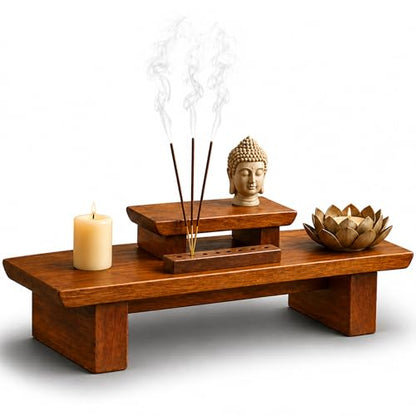 Meditation Altar Table – 21 x 7.5 x 6 Inch Handmade Tiered Puja Shrine - Small Alter Tables for Relaxation, Prayer - Buddha Meditation Alter Made of Strong and Durable Mango Wood