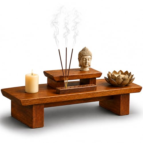 Meditation Altar Table – 21 x 7.5 x 6 Inch Handmade Tiered Puja Shrine - Small Alter Tables for Relaxation, Prayer - Buddha Meditation Alter Made of Strong and Durable Mango Wood