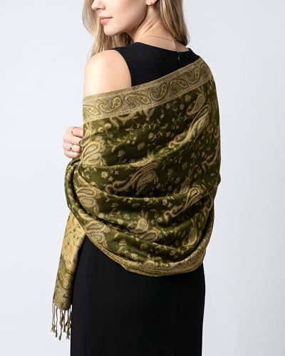 Achillea Reversible Paisley Pashmina Rave Scarf – Exotic Indian Shawls and Wraps for Evening Dresses, Festivals, All Seasons - color: Dark Olive