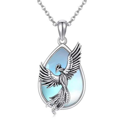 Sterling Silver Cute Animal Pendant Necklace Fox/Snake/Unicorn/Owl on Moon/Rabbit/Horse Necklace Jewelry for Women Mom Sister - style: Phoenix-Moonstone
