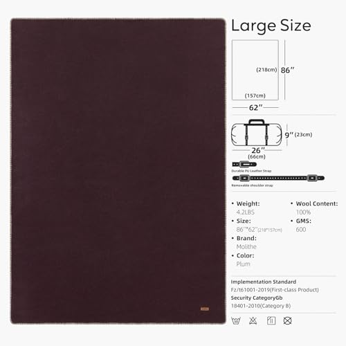100% Wool Blanket, 62" x 86", Warm, Thick, Washable, Military Wool Blanket, Great for Camping, Outdoors, Sporting Events, Survival Kits, Plum