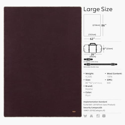 100% Wool Blanket, 62" x 86", Warm, Thick, Washable, Military Wool Blanket, Great for Camping, Outdoors, Sporting Events, Survival Kits, Plum