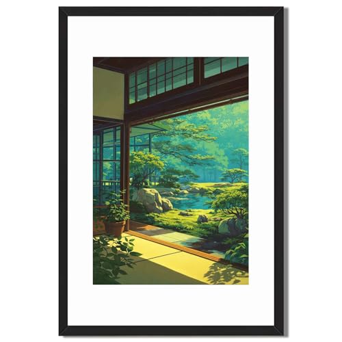 Framed Japanese Zen Garden View Poster Canvas Print Art Minimalist Aesthetic Painting Wall Art Pictures Wall Decor, Elegant Home Decor for Living Room Bedroom Office Decoration Art Print (black frame,12"LX16"W)