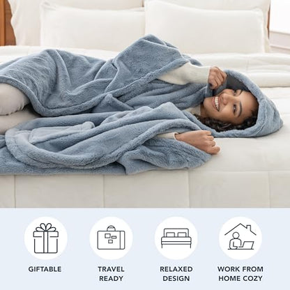 Berkshire Faux Fur Wearable Blanket, Cozy Reversible Loftmink Fleece Shawl with Hood & Side Pockets - color: Polar Blue