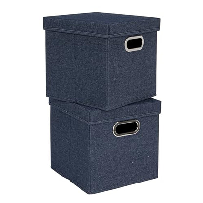 Household Essentials Collapsible Cotton Blend Cube Storage Box with Lid and Metal Grommet Handle, Set of 2, Denim - color: Denim