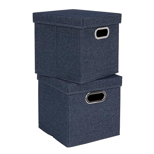 Household Essentials Collapsible Cotton Blend Cube Storage Box with Lid and Metal Grommet Handle, Set of 2, Denim - color: Denim