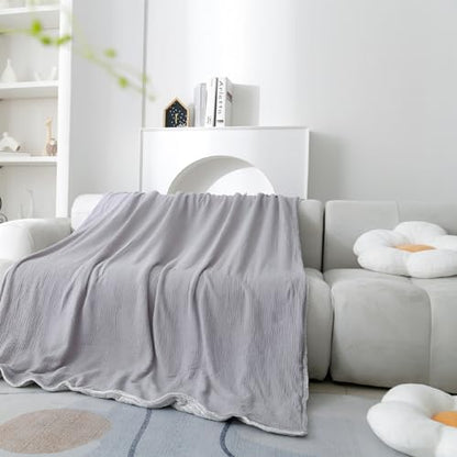 Muslin Cotton Throw Blanket with Flannel for Bed,Super Soft Muslin Blanket with Cozy Flannel for Adults 55 * 72inches,Grey. - color: Grey