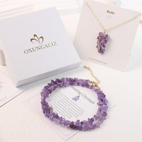 2Pcs Crystal Necklace for Women Handmade Choker Necklaces Pendant Necklace Natural Stone Gemstone Beaded Necklace 18k Gold Plated Adjustable Dainty Necklace for Women - color: Amethyst