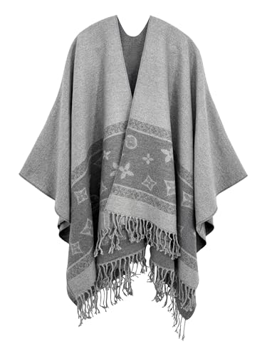 Women's Elegant Shawl Wraps, Soft Open Front Poncho Cape, Reversible Casual Cardigan Shawls for Gift Travel - color: Darkgrey-lightgrey