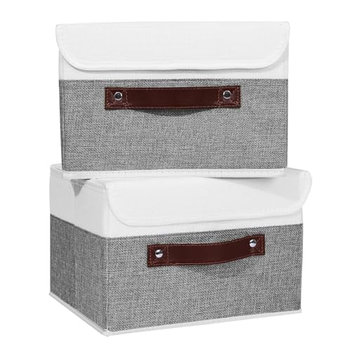 ANMINY 2PCS Storage Boxes with Lid Washable Decorative Storage Bins Basket with PU Leather Handle Foldable Linen Fabric Storage Cubes Containers for Home Closet Organizer - Gray White, Small Size - color: Gray White, size: Small (Pack of 2)