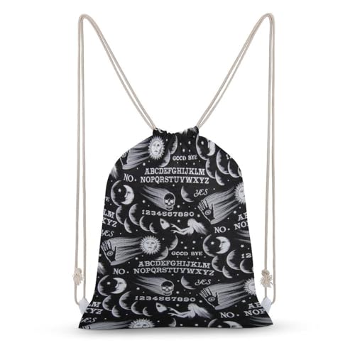 Skull Moon Sun Gothic Witch Board Seamless Black Portable Canvas Drawstring Backpack with Drawstring Pockets 35x50cm - color: Skull Moon Sun Gothic Witch Board Seamless Bl, size: 35x50cm