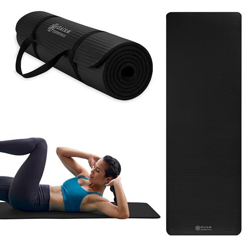 Gaiam Essentials 2/5" Thick (10mm) Yoga & Pilates, Fitness & Exercise Mat with Easy-Cinch Carrier Strap Cusion Support For Fitness and Gym Workouts - color: Black