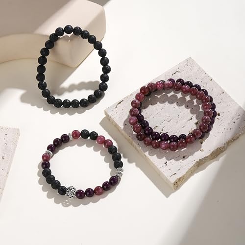 Fengling 4 PCS Beaded Crystal Bracelet for Women 8mm Natural Gemstones Handmade Bracelet for Girls Healing Stretch Bracelets Crystal Jewelry for Women Gifts - color: Jade Marrow Deep Purple & Strawberry Crystal k & Lava Rock