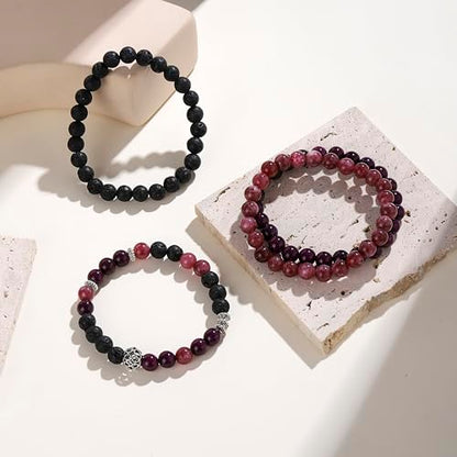 Fengling 4 PCS Beaded Crystal Bracelet for Women 8mm Natural Gemstones Handmade Bracelet for Girls Healing Stretch Bracelets Crystal Jewelry for Women Gifts - color: Jade Marrow Deep Purple & Strawberry Crystal k & Lava Rock