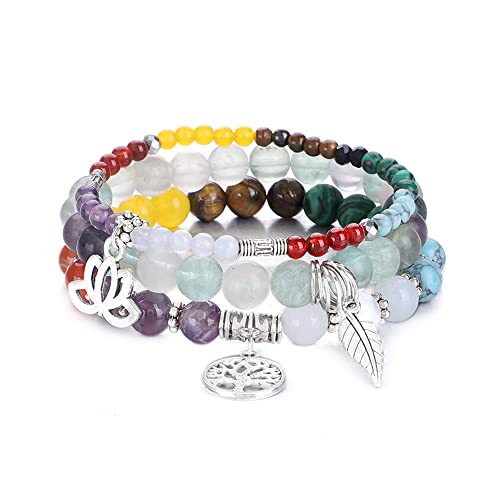 Tree of Life Yoga Healing Stone Bracelets,Multilayer Lotus Chakra Stone Reiki Bracelet Sets,Anxiety Crystal Natural Stone,for Women Stress Relief - style: chakra+green fluorite