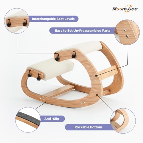 Ergonomic Kneeling Chair, Adjustable Rocking Knee Chairs for Home Office, Wooden Office Knee Chair for Back Pain Relief, Beige