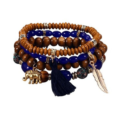 Caiyao 4Pcs Bohemia Multilayer Stackable Elephant Leaf Tassel Bracelets Colorful Wooden Resin Beaded Stretch Bracelets for Women Men Summer Beach Boho Vacation Hawaii Jewelry Gifts - style: StyleD