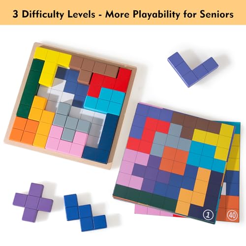 Dementia Products for Elderly, Wooden Tiles Matching Game with 40 Templates, Dementia Activities for Seniors, Easy Memory Games for Alzheimer's, Large Puzzle Pattern Blocks