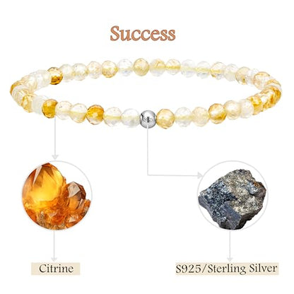 Beaded Bracelets for Women, Handmade Natural Stone Tiny 4mm Beads 925 Sterling Silver Dainty Stretch Bracelets, Chakra Crystal Gemstone Jewelry Gifts - color: Citrine (Stone of Success), size: Large 7.7-7.9 inch