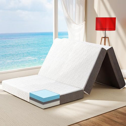 Hanherry 4 Inch Foldable Mattress Queen Size, Tri-Folding Portable Memory Foam Topper Floor Bed with Storage Bag, Washable Cover for Travel, Camping, RV, Guest - size: Queen (79 × 59 inch)