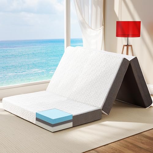 Hanherry 4 Inch Foldable Mattress Queen Size, Tri-Folding Portable Memory Foam Topper Floor Bed with Storage Bag, Washable Cover for Travel, Camping, RV, Guest - size: Queen (79 × 59 inch)