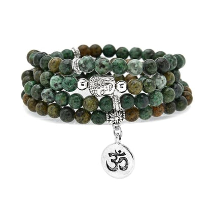 Japa Mala Beads 108 Bracelet, Buddha Charm Necklace with OM Yoga Symbol Charm for Men or Women - style: African Turquoise