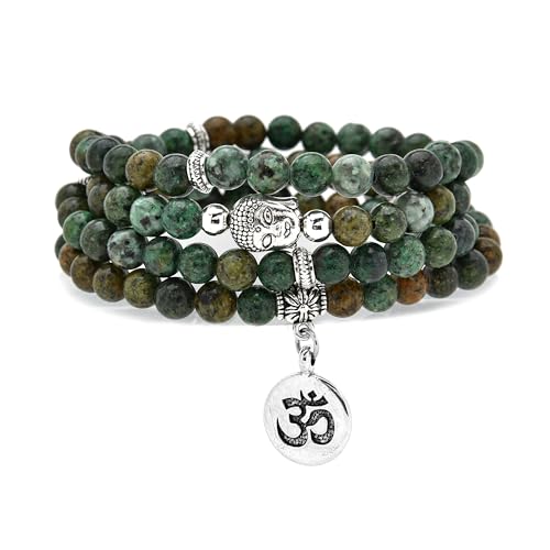 Japa Mala Beads 108 Bracelet, Buddha Charm Necklace with OM Yoga Symbol Charm for Men or Women - style: African Turquoise