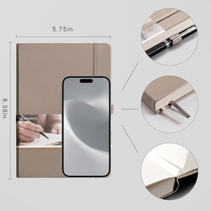 EMSHOI Dotted Journal Notebook, 256 Pages, 120 GSM Thick Paper, A5 Small 5.75"x8.38", PU Leather Hardcover, 5mm Dot Grid Notebook for Journaling, Planning, Drawing, Writing, Khaki - color: Khaki, size: A5-Dotted