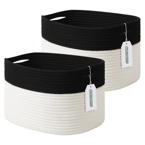 ECDYQXVU Cotton Rope Storage Basket, 15x10x9 Inches, Woven Basket for Shelves, Clothes, Towels, Books, and Laundry, Black/ White (2 Pack) - color: Black/ White, size: 2 Pack