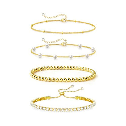 Zeffy Gold Pearl Beaded Bracelet for Women, 14K Gold Plated Jewelry Set With Paperclip Link Chain, Trendy Stack Bracelets - style: 4PCS Gold Tennis Pearl Beaded Stackable Bracelets