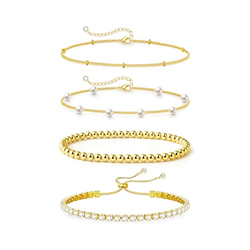 Zeffy Gold Pearl Beaded Bracelet for Women, 14K Gold Plated Jewelry Set With Paperclip Link Chain, Trendy Stack Bracelets - style: 4PCS Gold Tennis Pearl Beaded Stackable Bracelets