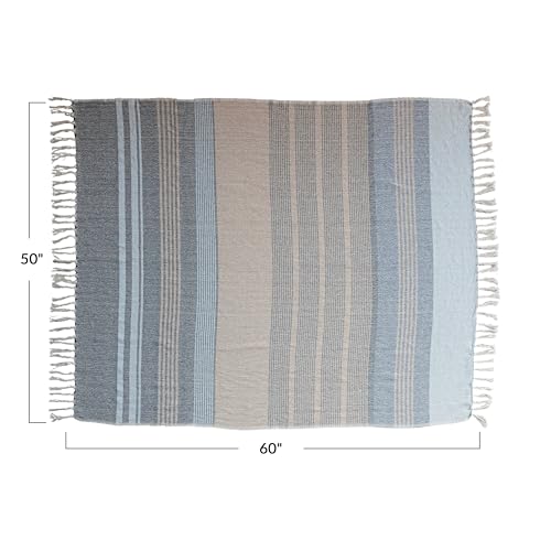 Creative Co-Op Striped Cotton Blend Throw with Fringe, Light Blue
