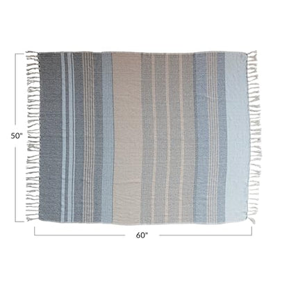 Creative Co-Op Striped Cotton Blend Throw with Fringe, Light Blue