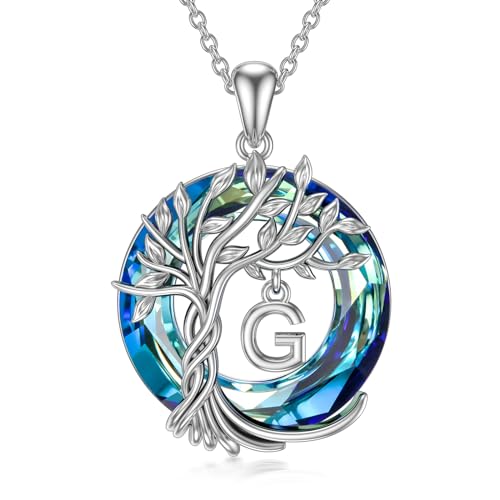 TOUPOP Gifts for Women Tree of Life Initial Necklace 925 Sterling Silver Letter Pendant with Blue Crystal Birthday Jewelry Gifts for Women Her Mom Wife Daughter - color: Tree of Life G Initial