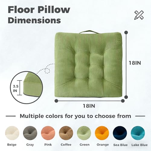Floor Pillow 18x18 Inch Turquoise Corduroy Floor Sitting Cushions 2-Pack, Portable Handle Design, Non-Slip Chair Pads for Meditation Yoga Indoor Use
