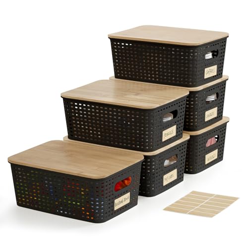 Bagnizer Small Plastic Storage Bins with Bamboo Lids 5.2qt Stackable Box Basket Pantry Decorative Containers Cute with Lable for Organizing Desktop Closet Office Black of 6 packs 10 * 7.2 * 4.1" - color: Black, size: Small- 6 Pack