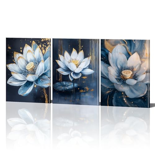 Lotus Wall Art Navy Blue and Gold Zen Lotus Flower Canvas Prints Set of 3 Framed Meditation Floral Artwork for Bathroom Living Room Yoga Spa Home Decor Ready to Hang(11"x14"x3)