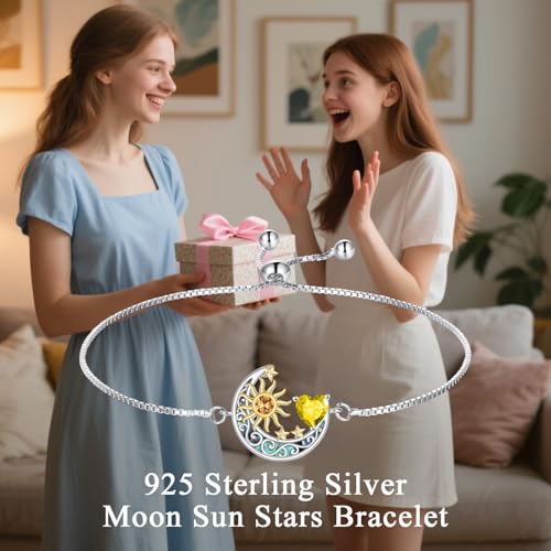925 Sterling Silver Moon and Sun Star Adjustable Link Bracelet for Women with 12 Month Birthstone Birthday Jewelry - style: 11 - Nov.
