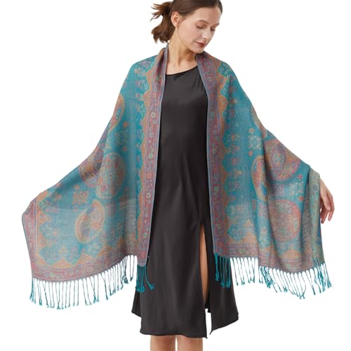 Paisley Pashmina Rave Shawl Scarf-Women's Reversible Ethnic Jacquard Pashmina Wraps for Travel - color: D#. Turquoise