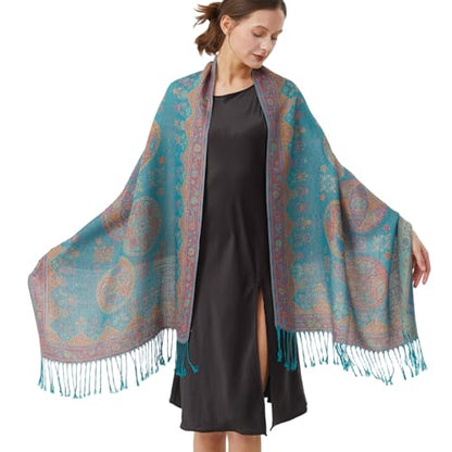Paisley Pashmina Rave Shawl Scarf-Women's Reversible Ethnic Jacquard Pashmina Wraps for Travel - color: D#. Turquoise