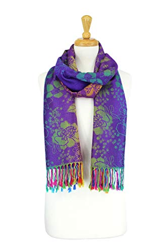 PASKMLNA Double Side Multi Colors Silky Tropical Colorful Exotic Pashmina Wrap Shawl Scarf Rave - color: 051-purple Multi Feathers