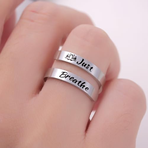Kvekstio Just Breathe Open Ring for Women, Mindful Breathing Ring, Adjustable Stainless Steel Stress Relief Yoga Ring Jewelry