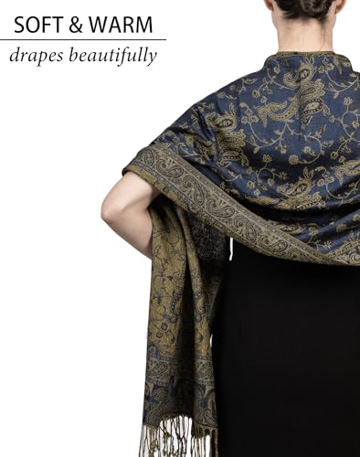 Achillea Reversible Paisley Pashmina Rave Scarf – Exotic Indian Shawls and Wraps for Evening Dresses, Festivals, All Seasons - color: Light Navy