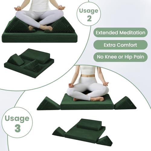 Meditation Cushion Set, Meditation Pillow for Sitting on Floor, Large Yoga Pillow with Knee Support, Washable Zafu Meditation Mat, 3 Shapes Floor Pillow for Adults, Green