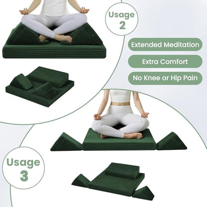 Meditation Cushion Set, Meditation Pillow for Sitting on Floor, Large Yoga Pillow with Knee Support, Washable Zafu Meditation Mat, 3 Shapes Floor Pillow for Adults, Green