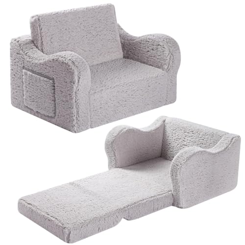 MOMCAYWEX Kids Sofa, 2-in-1 Flip-Out Foam Couch with Soft Sherpa Cover, Cozy Play Lounge Chair, Grey - color: Grey, size: Medium