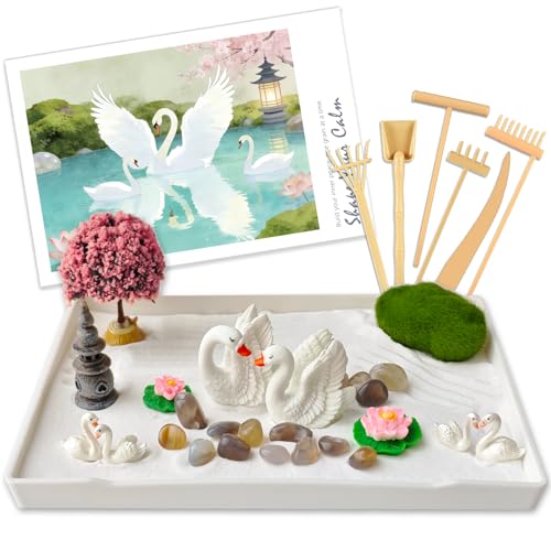 Zen Garden for Desk, Swan Lake Decor, Sand Tray Therapy Kit for Office - Mini Japanese Décor Sand Garden, Meditation Anxiety Relief, Office Desk Decor & Relaxation Gift (White) - color: White
